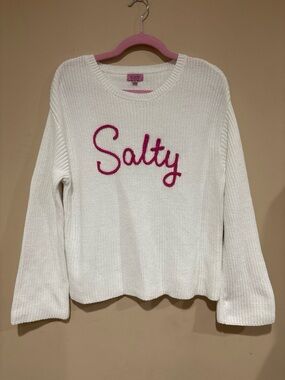miami White Knit Crewneck Sweater with Pink "Salty" Script